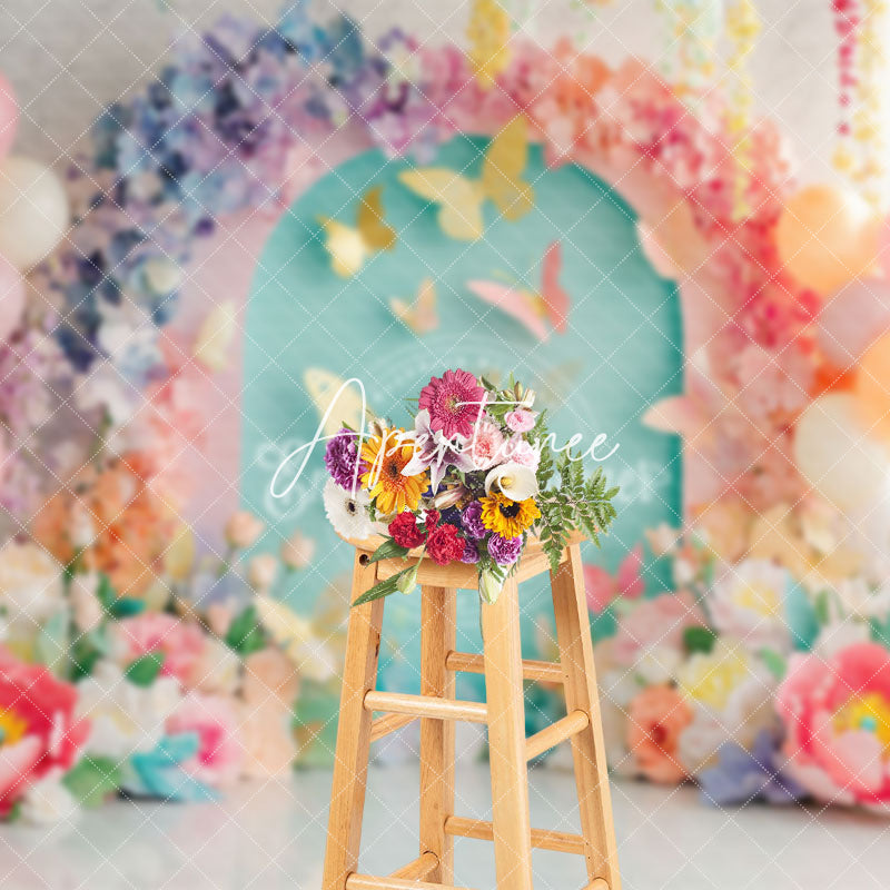 Aperturee - Aperturee Colorful Floral Butterfly Aesthetic Photo Backdrop