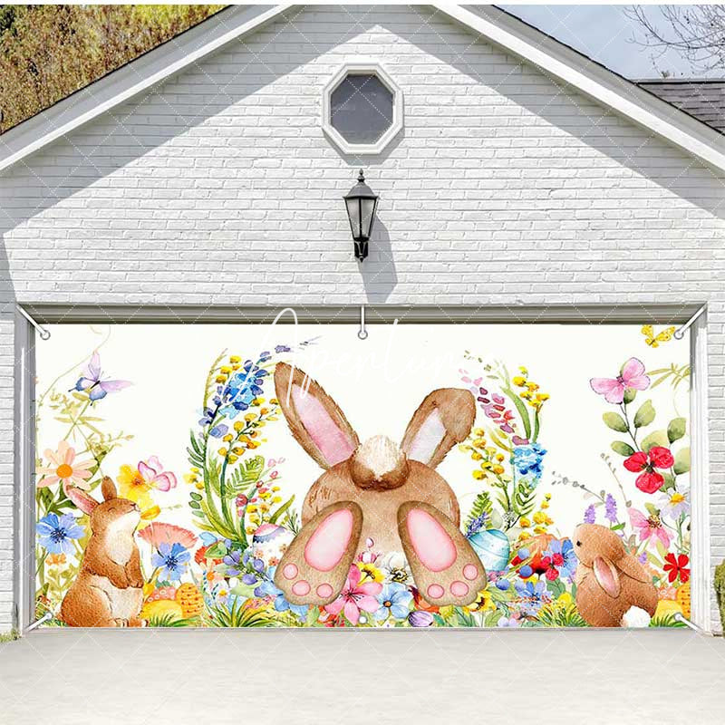 Aperturee - Aperturee Colorful Floral Cute Bunny Easter Garage Door Banner