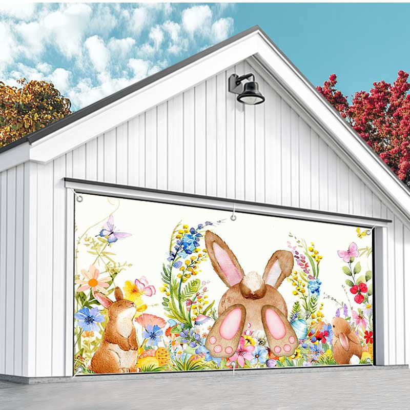 Aperturee - Aperturee Colorful Floral Cute Bunny Easter Garage Door Banner