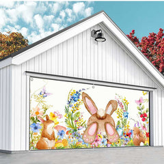 Aperturee - Aperturee Colorful Floral Cute Bunny Easter Garage Door Banner