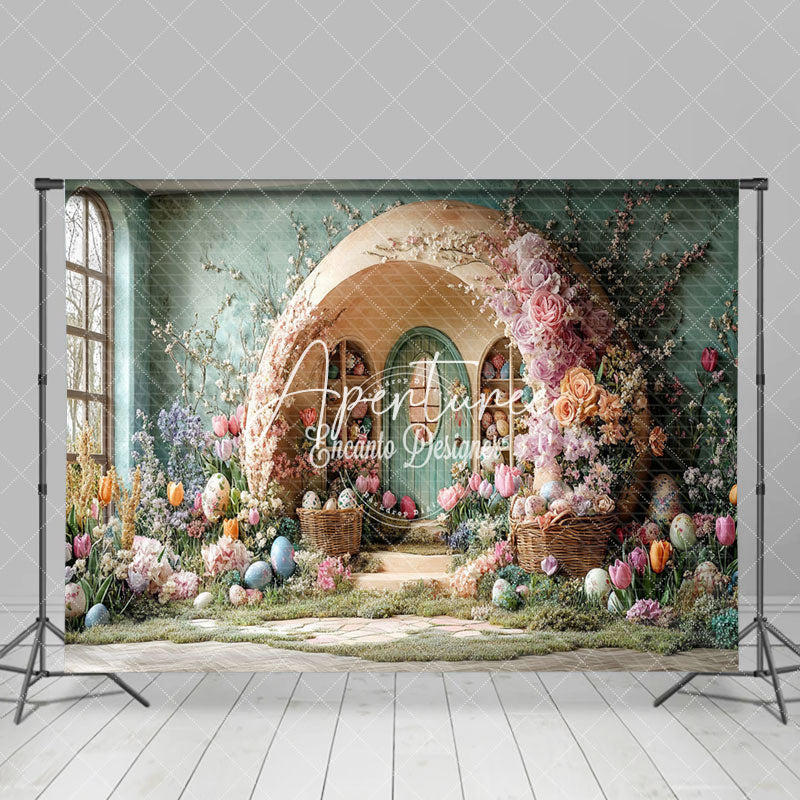 Aperturee - Aperturee Colorful Floral Eggs Arch Hutch Easter Backdrop