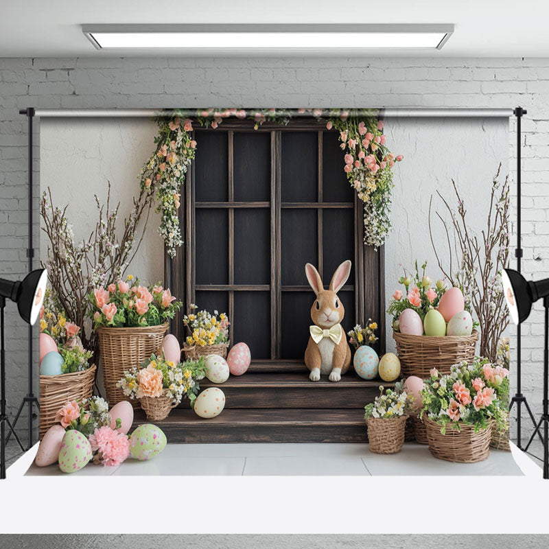 Aperturee - Aperturee Colorful Floral Eggs Bunny Wood Door Easter Backdrop