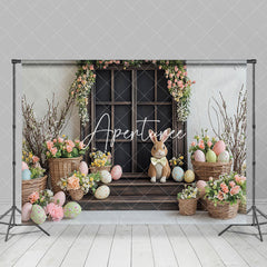 Aperturee - Aperturee Colorful Floral Eggs Bunny Wood Door Easter Backdrop