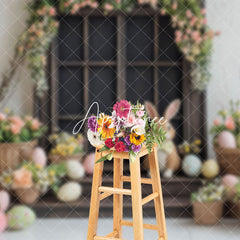 Aperturee - Aperturee Colorful Floral Eggs Bunny Wood Door Easter Backdrop