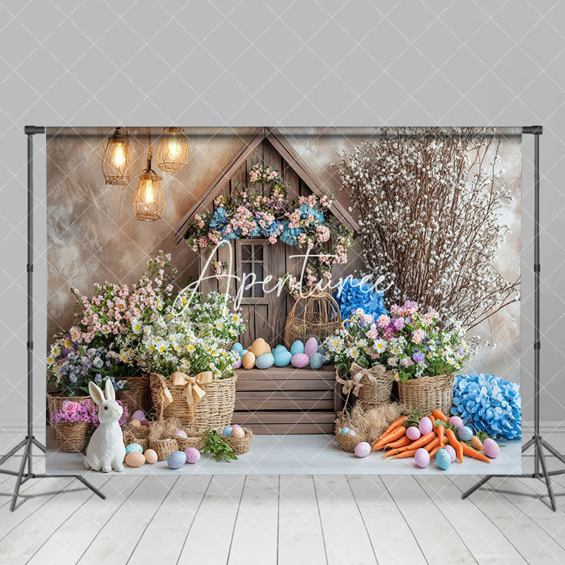 Aperturee - Aperturee Colorful Floral Eggs Wood House Bunny Easter Backdrop