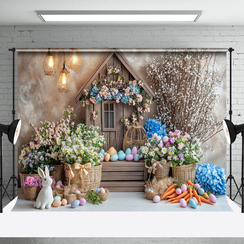 Aperturee - Aperturee Colorful Floral Eggs Wood House Bunny Easter Backdrop