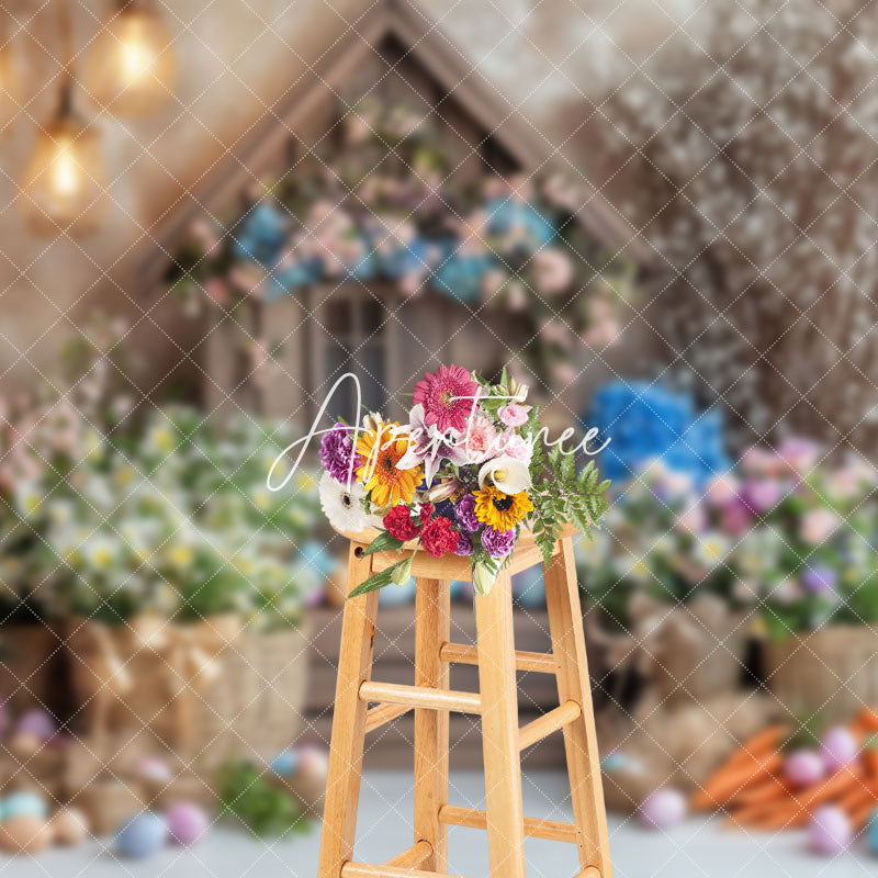 Aperturee - Aperturee Colorful Floral Eggs Wood House Bunny Easter Backdrop