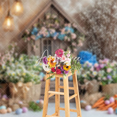 Aperturee - Aperturee Colorful Floral Eggs Wood House Bunny Easter Backdrop