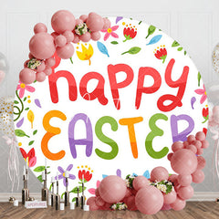 Aperturee - Aperturee Colorful Floral Leaves Round Happy Easter Backdrop