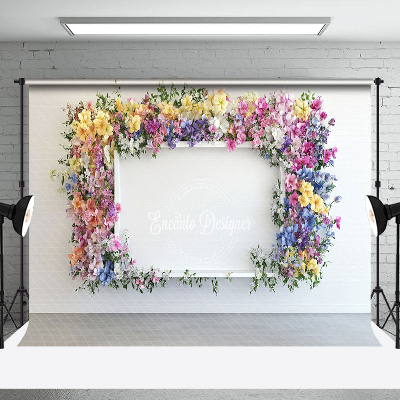 Aperturee - Aperturee Colorful Floral Leaves White Wall Wedding Backdrop