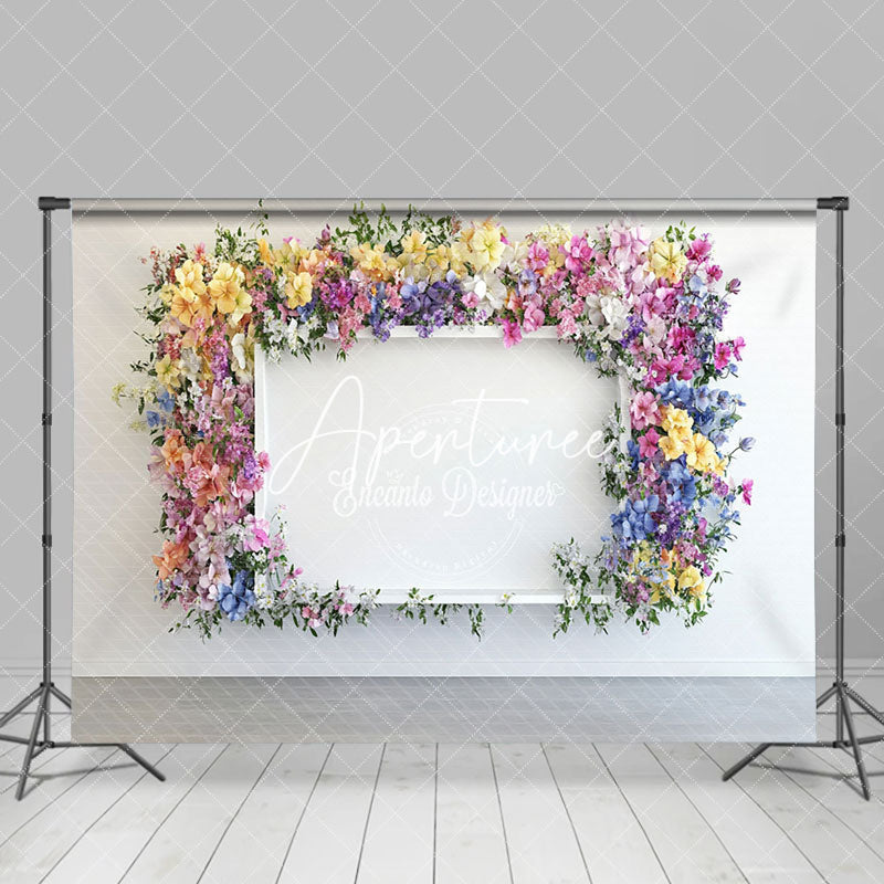 Aperturee - Aperturee Colorful Floral Leaves White Wall Wedding Backdrop