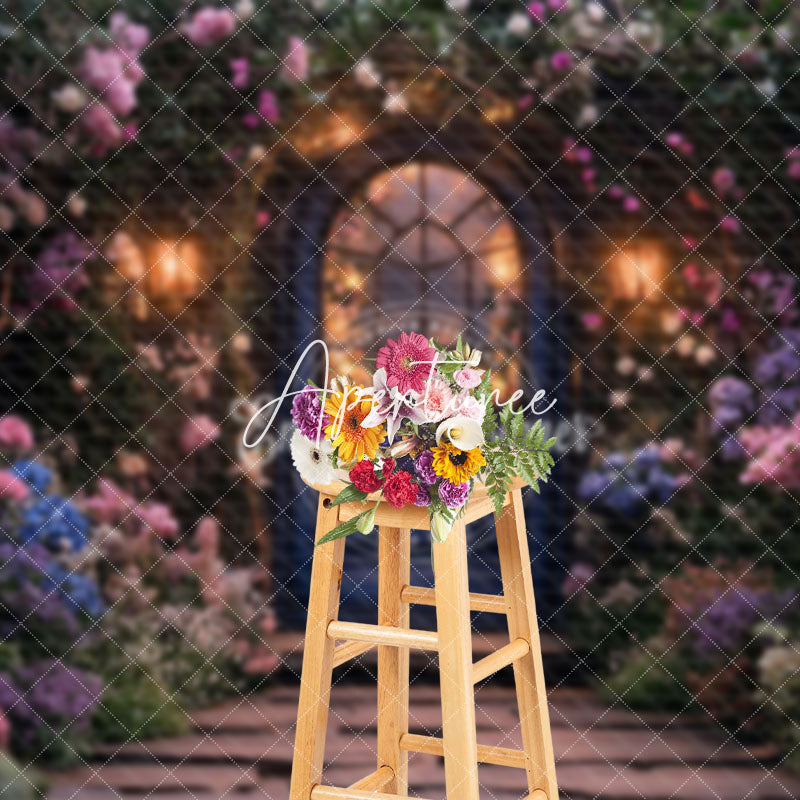 Aperturee - Aperturee Colorful Floral Lighted Cabin Porch Wedding Backdrop