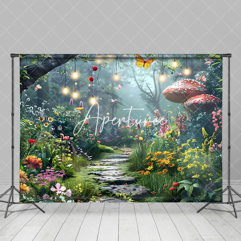 Aperturee - Aperturee Colorful Floral Lighted Forest Path Photo Backdrop