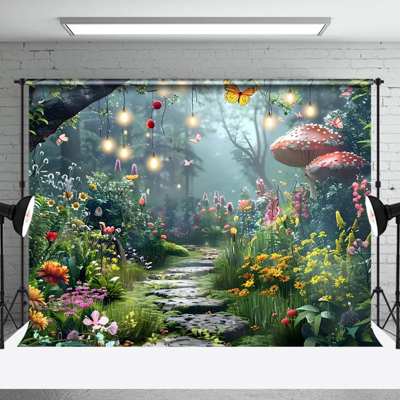 Aperturee - Aperturee Colorful Floral Lighted Forest Path Photo Backdrop