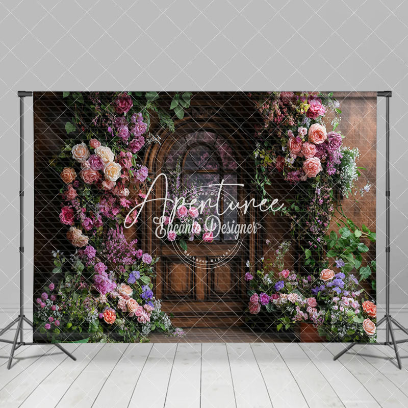 Aperturee - Aperturee Colorful Floral Plant Brown Door Spring Backdrop