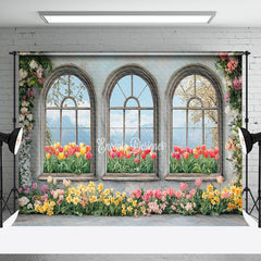 Aperturee - Aperturee Colorful Floral Retro Window Natural Scene Backdrop