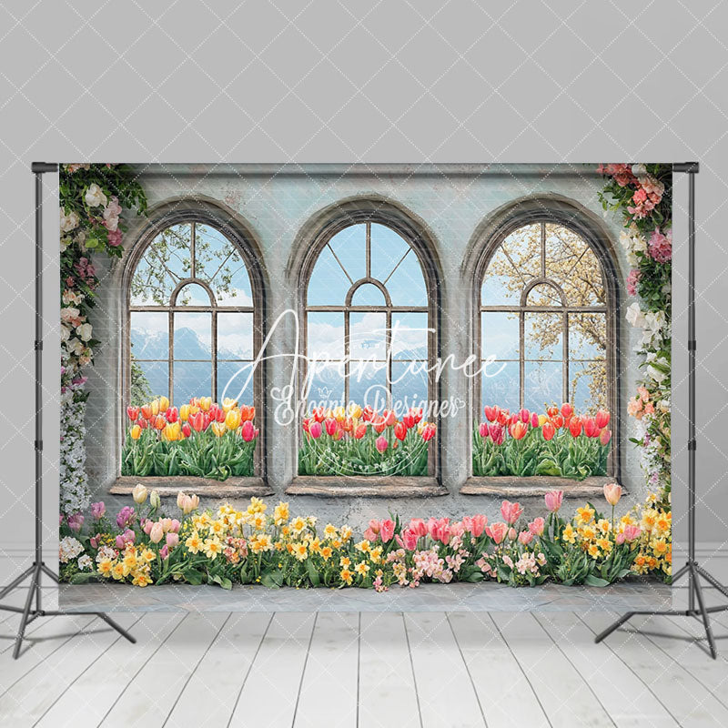 Aperturee - Aperturee Colorful Floral Retro Window Natural Scene Backdrop