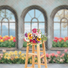 Aperturee - Aperturee Colorful Floral Retro Window Natural Scene Backdrop