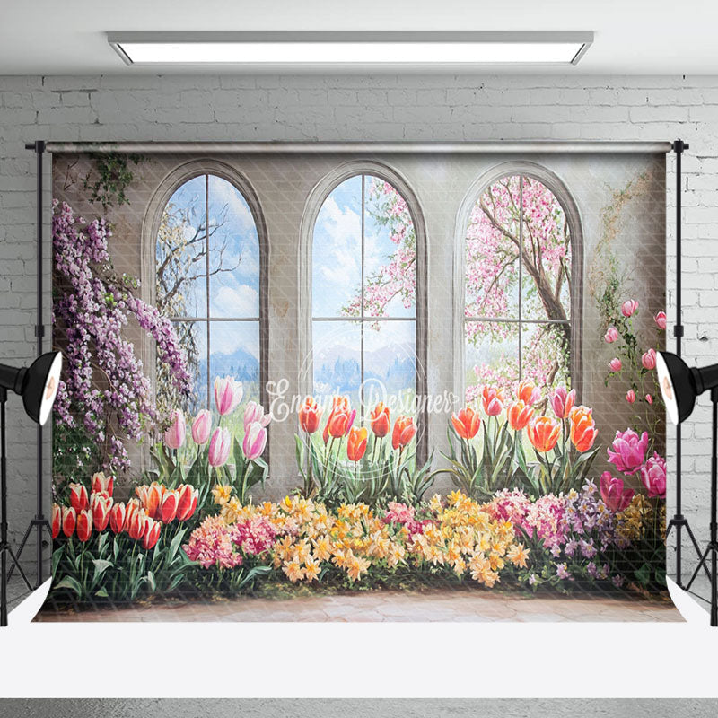 Aperturee - Aperturee Colorful Floral Trees Window Scenery Spring Backdrop