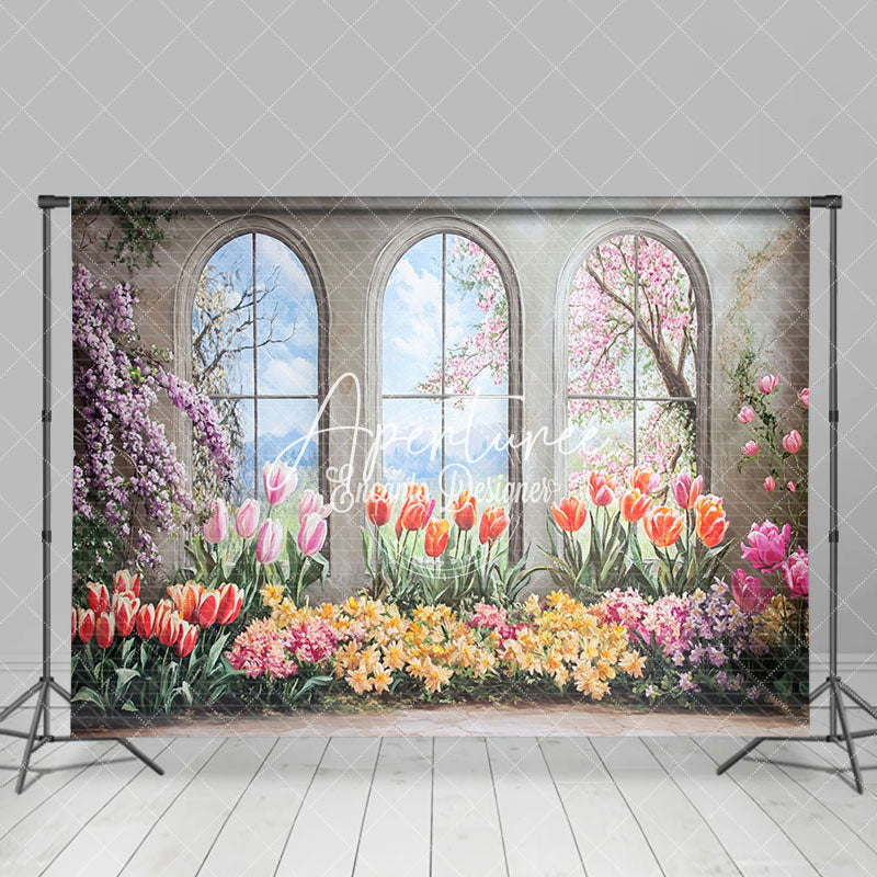 Aperturee - Aperturee Colorful Floral Trees Window Scenery Spring Backdrop