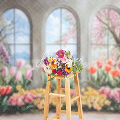 Aperturee - Aperturee Colorful Floral Trees Window Scenery Spring Backdrop