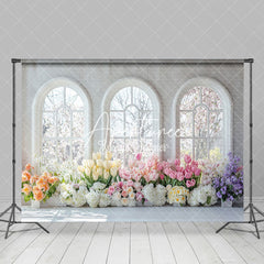 Aperturee - Aperturee Colorful Floral White Window Spring Scenery Backdrop