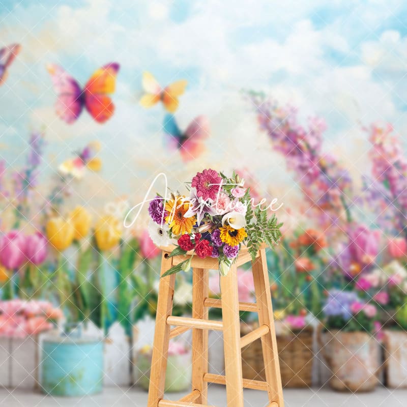 Aperturee - Aperturee Colorful Flower Garden Scene Butterflies Backdrop