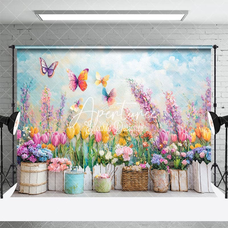 Aperturee - Aperturee Colorful Flower Garden Scene Butterflies Backdrop