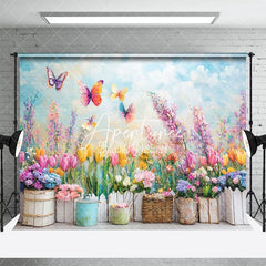 Aperturee - Aperturee Colorful Flower Garden Scene Butterflies Backdrop