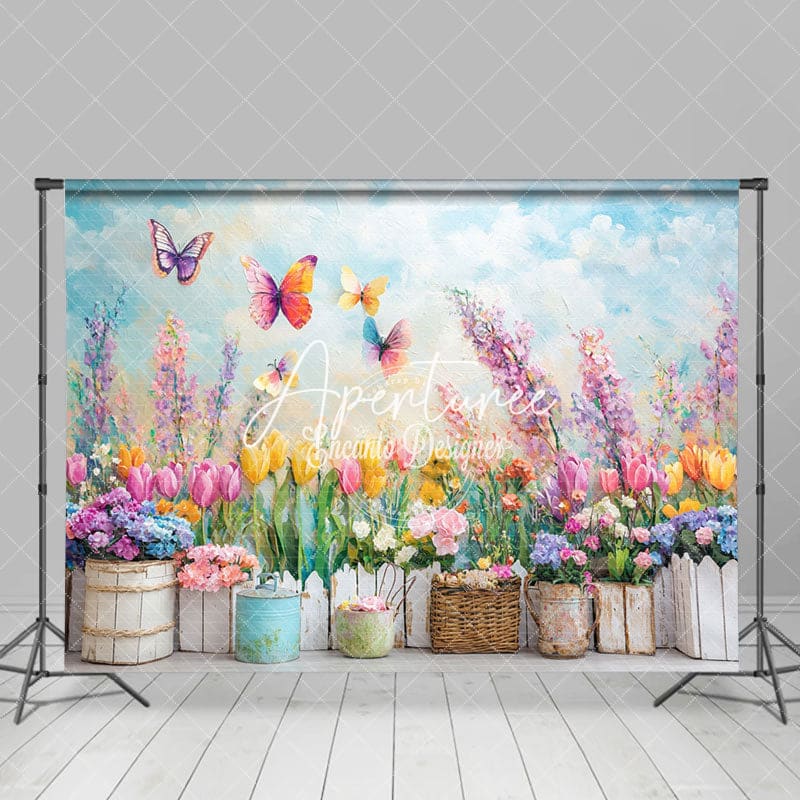 Aperturee - Aperturee Colorful Flower Garden Scene Butterflies Backdrop