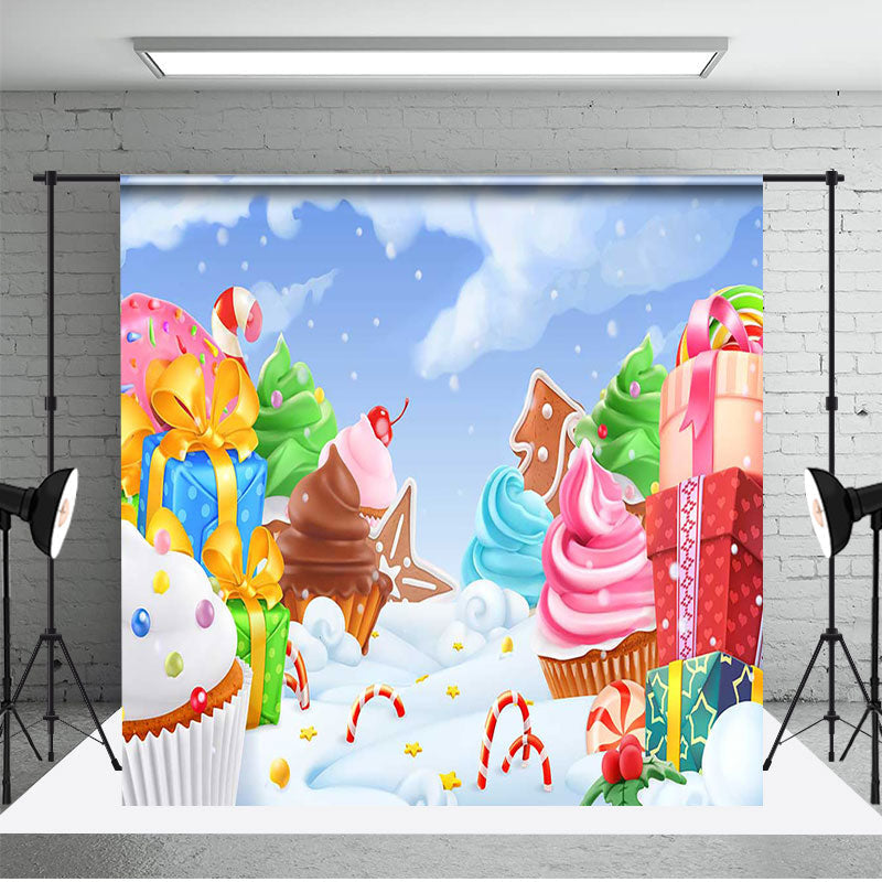 Aperturee - Aperturee Colorful Gifts Cupcakes Snowy Christmas Backdrop