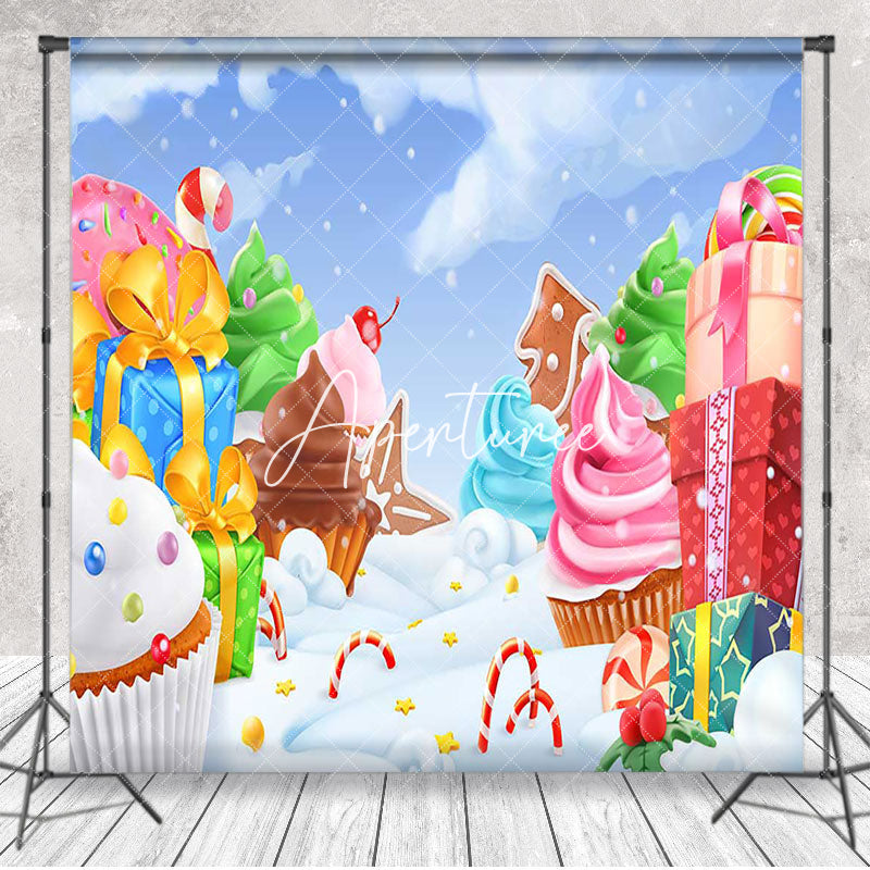 Aperturee - Aperturee Colorful Gifts Cupcakes Snowy Christmas Backdrop