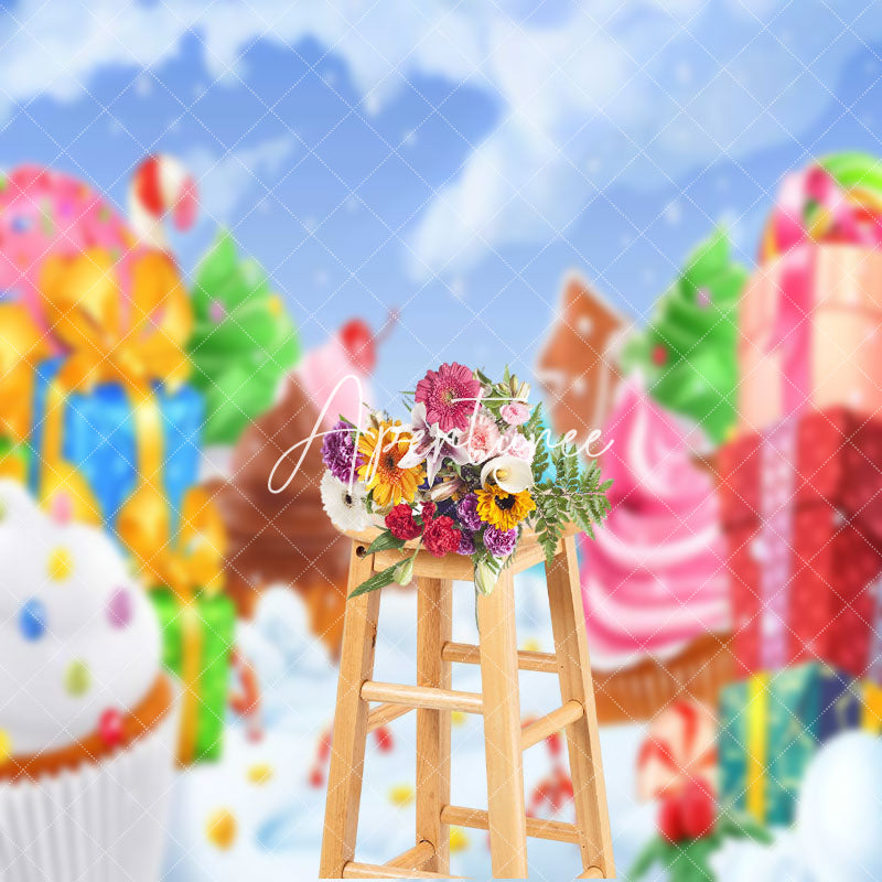 Aperturee - Aperturee Colorful Gifts Cupcakes Snowy Christmas Backdrop