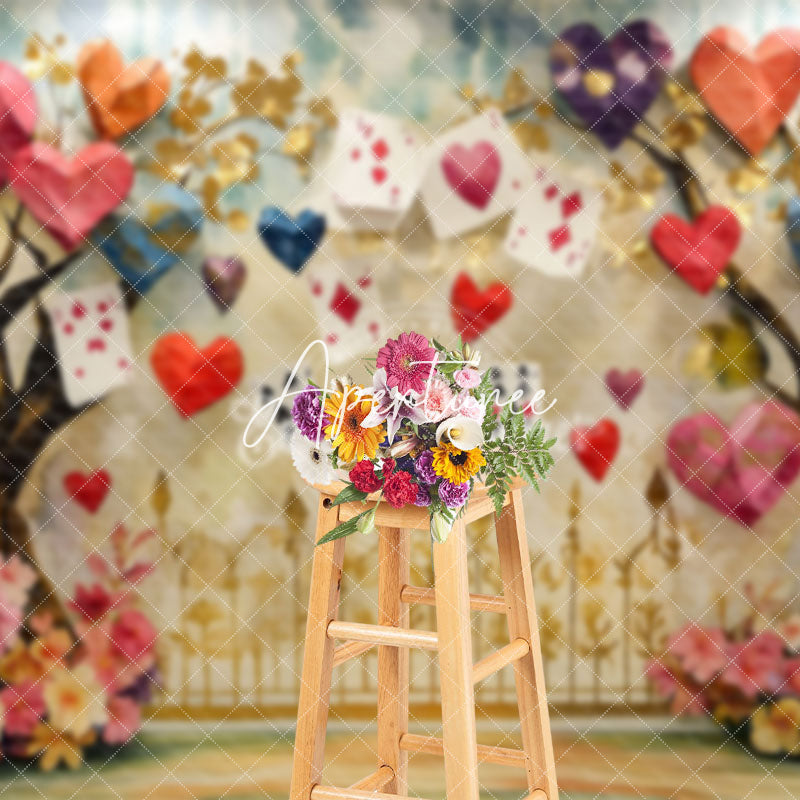 Aperturee - Aperturee Colorful Hearts Poker Trees Valentines Day Backdrop