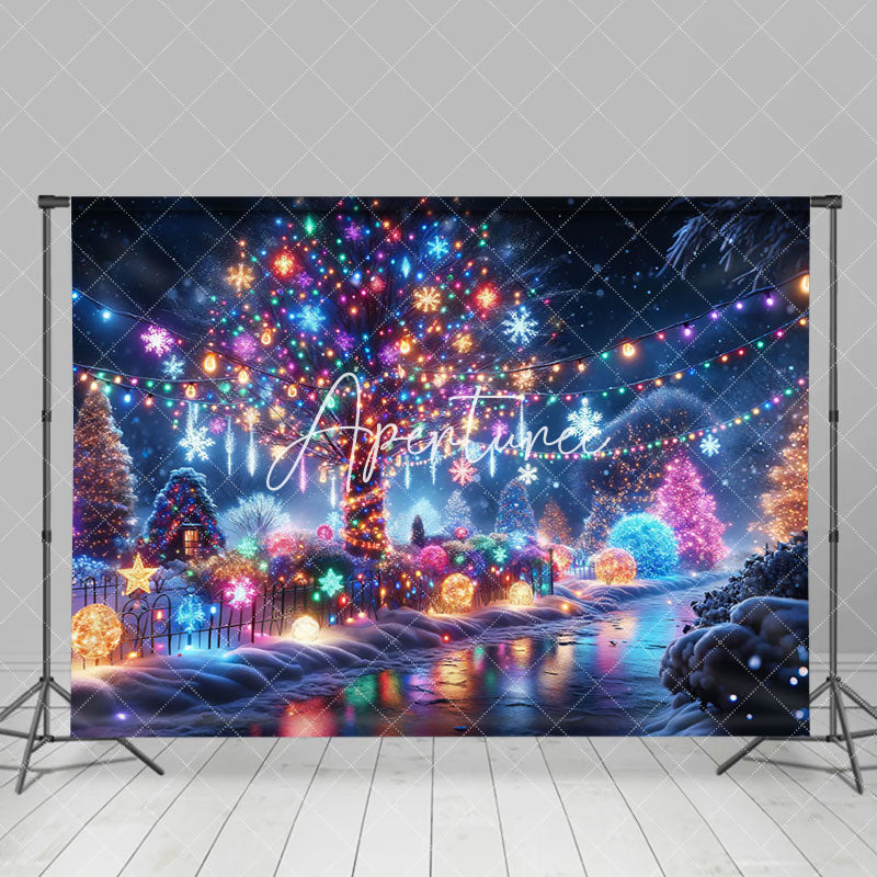 Aperturee - Aperturee Colorful Lighted Snowy Street Christmas Vibe Backdrop