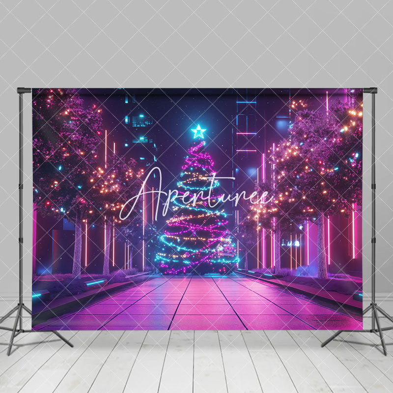 Aperturee - Aperturee Colorful Lighted Tree Street Scene Christmas Backdrop