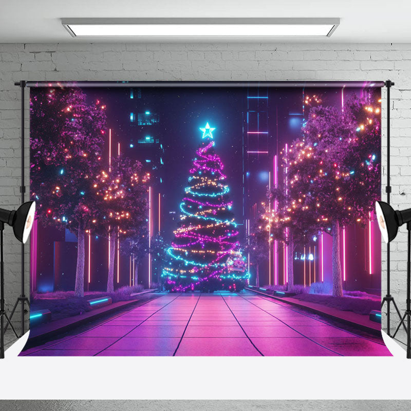 Aperturee - Aperturee Colorful Lighted Tree Street Scene Christmas Backdrop