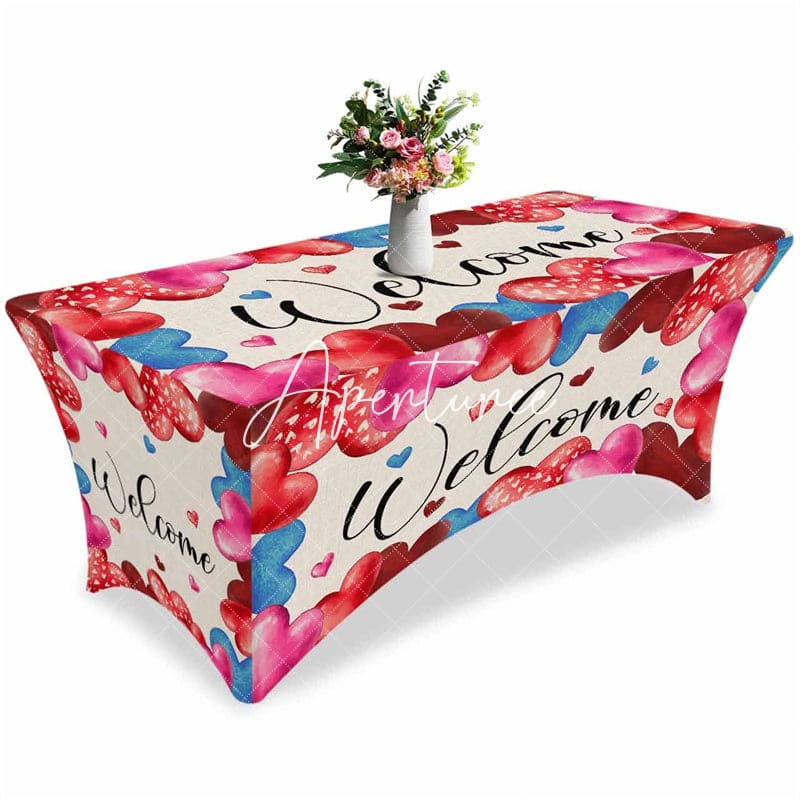 Aperturee - Aperturee Colorful Love Heart Valentines Day Stretch Table Cover