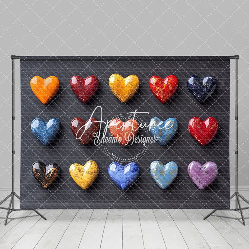 Aperturee - Aperturee Colorful Marbled Love Heart Valentines Day Backdrop