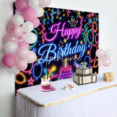 Aperturee - Aperturee Colorful Neon Ribbons Cake Happy Birthday Backdrop