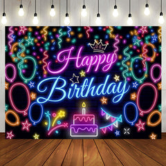 Aperturee - Aperturee Colorful Neon Ribbons Cake Happy Birthday Backdrop