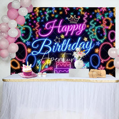 Aperturee - Aperturee Colorful Neon Ribbons Cake Happy Birthday Backdrop