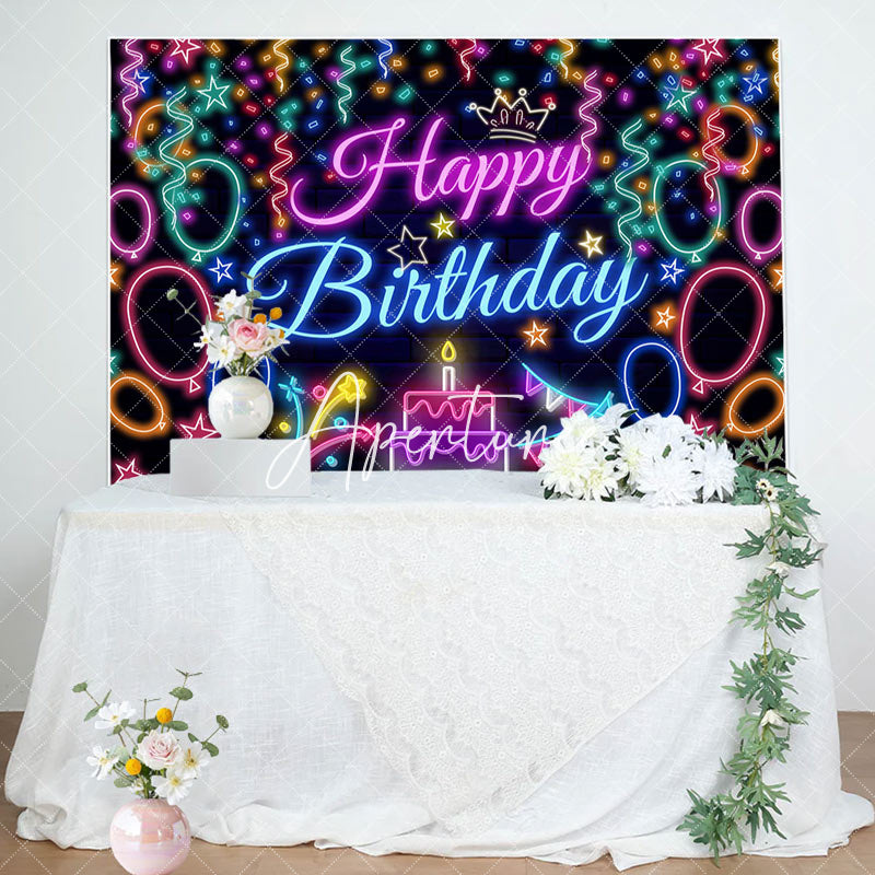 Aperturee - Aperturee Colorful Neon Ribbons Cake Happy Birthday Backdrop