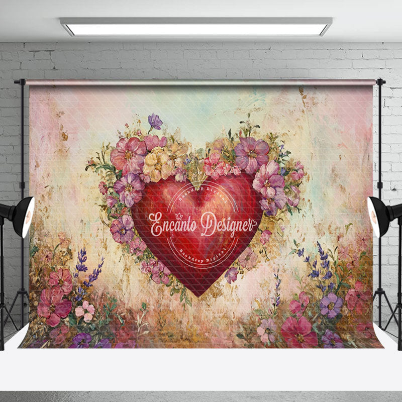 Aperturee - Aperturee Colorful Painted Floral Love Heart Romantic Backdrop