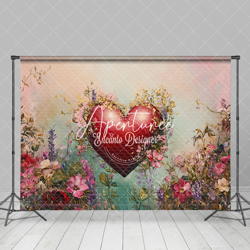 Aperturee - Aperturee Colorful Painted Floral Red Heart Romantic Backdrop