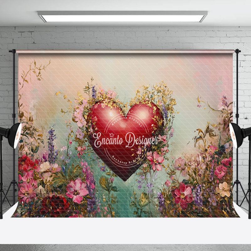 Aperturee - Aperturee Colorful Painted Floral Red Heart Romantic Backdrop