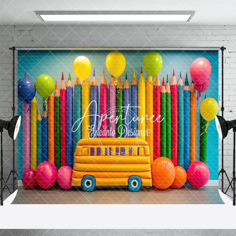 Aperturee - Aperturee Colorful Pencil Balloon School Bus Scene Backdrop