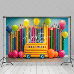 Aperturee - Aperturee Colorful Pencil Balloon School Bus Scene Backdrop