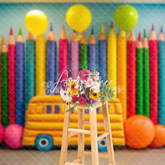 Aperturee - Aperturee Colorful Pencil Balloon School Bus Scene Backdrop