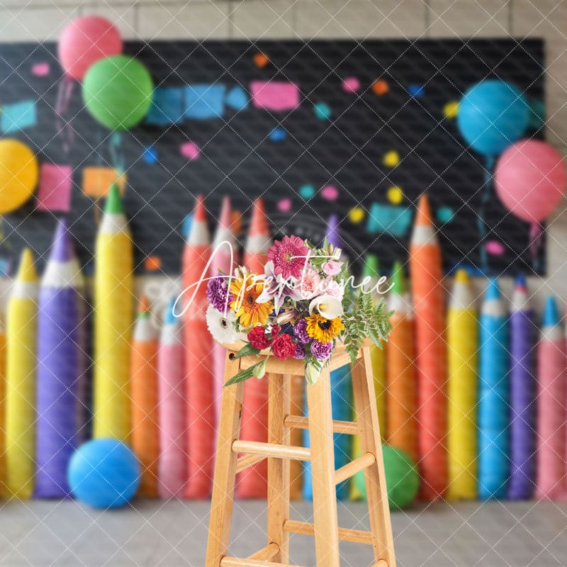 Aperturee - Aperturee Colorful Pens Chalkboard Back To School Backdrop